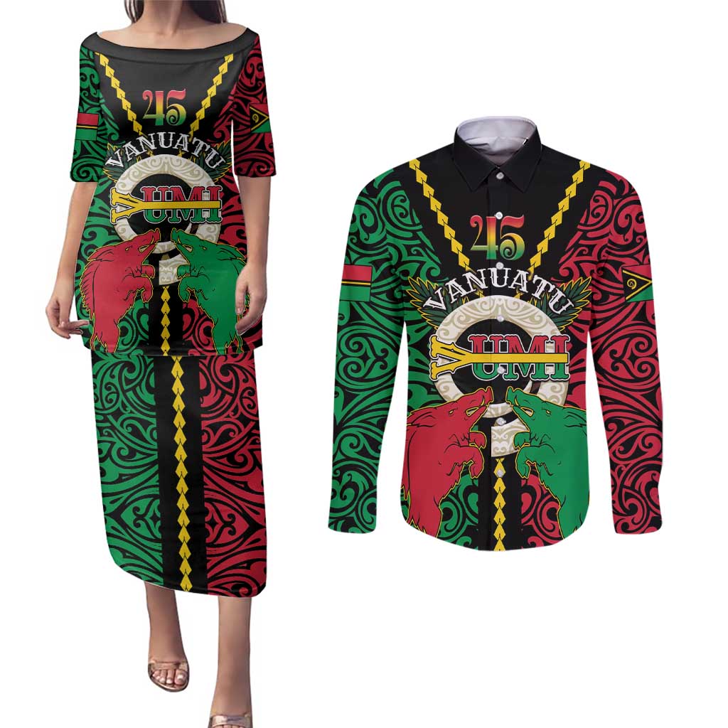 Vanuatu 45th Independence Day Couples Matching Puletasi and Long Sleeve Button Shirt Long God Yumi Stanap Wild Boar LT05