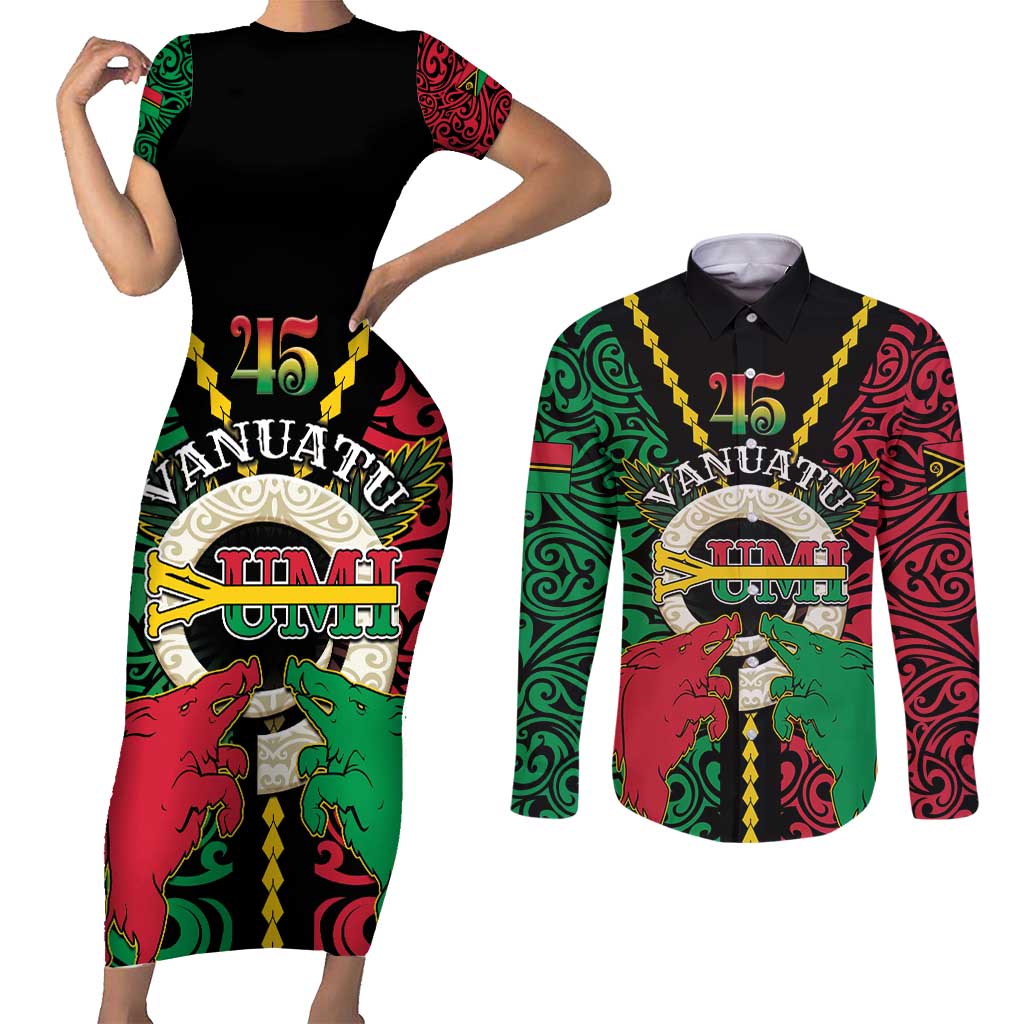 Vanuatu 45th Independence Day Couples Matching Short Sleeve Bodycon Dress and Long Sleeve Button Shirt Long God Yumi Stanap Wild Boar LT05