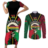 Vanuatu 45th Independence Day Couples Matching Short Sleeve Bodycon Dress and Long Sleeve Button Shirt Long God Yumi Stanap Wild Boar LT05