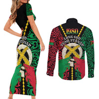 Vanuatu 45th Independence Day Couples Matching Short Sleeve Bodycon Dress and Long Sleeve Button Shirt Long God Yumi Stanap Wild Boar LT05