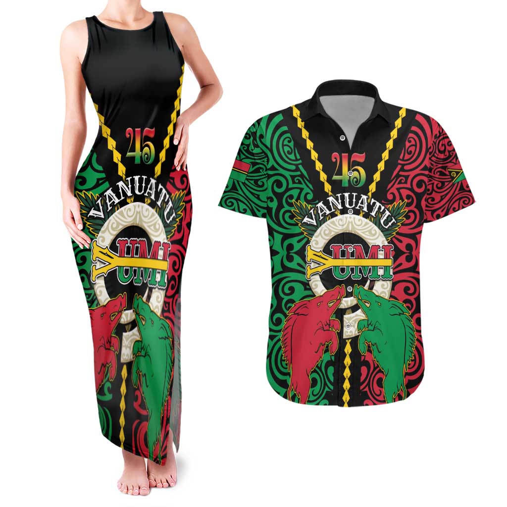 Vanuatu 45th Independence Day Couples Matching Tank Maxi Dress and Hawaiian Shirt Long God Yumi Stanap Wild Boar LT05