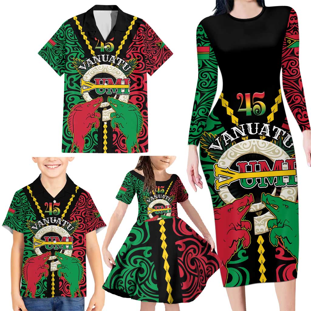 Vanuatu 45th Independence Day Family Matching Long Sleeve Bodycon Dress and Hawaiian Shirt Long God Yumi Stanap Wild Boar LT05