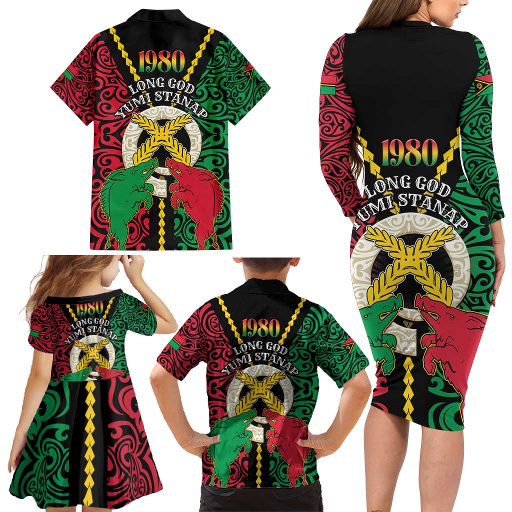 Vanuatu 45th Independence Day Family Matching Long Sleeve Bodycon Dress and Hawaiian Shirt Long God Yumi Stanap Wild Boar LT05 - Polynesian Pride