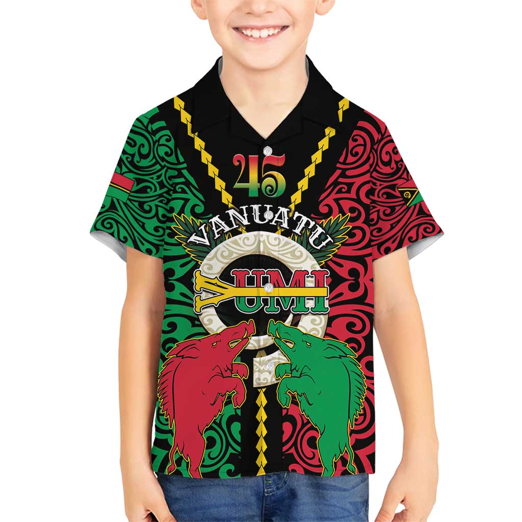 Vanuatu 45th Independence Day Family Matching Long Sleeve Bodycon Dress and Hawaiian Shirt Long God Yumi Stanap Wild Boar LT05 Son's Shirt Black - Polynesian Pride