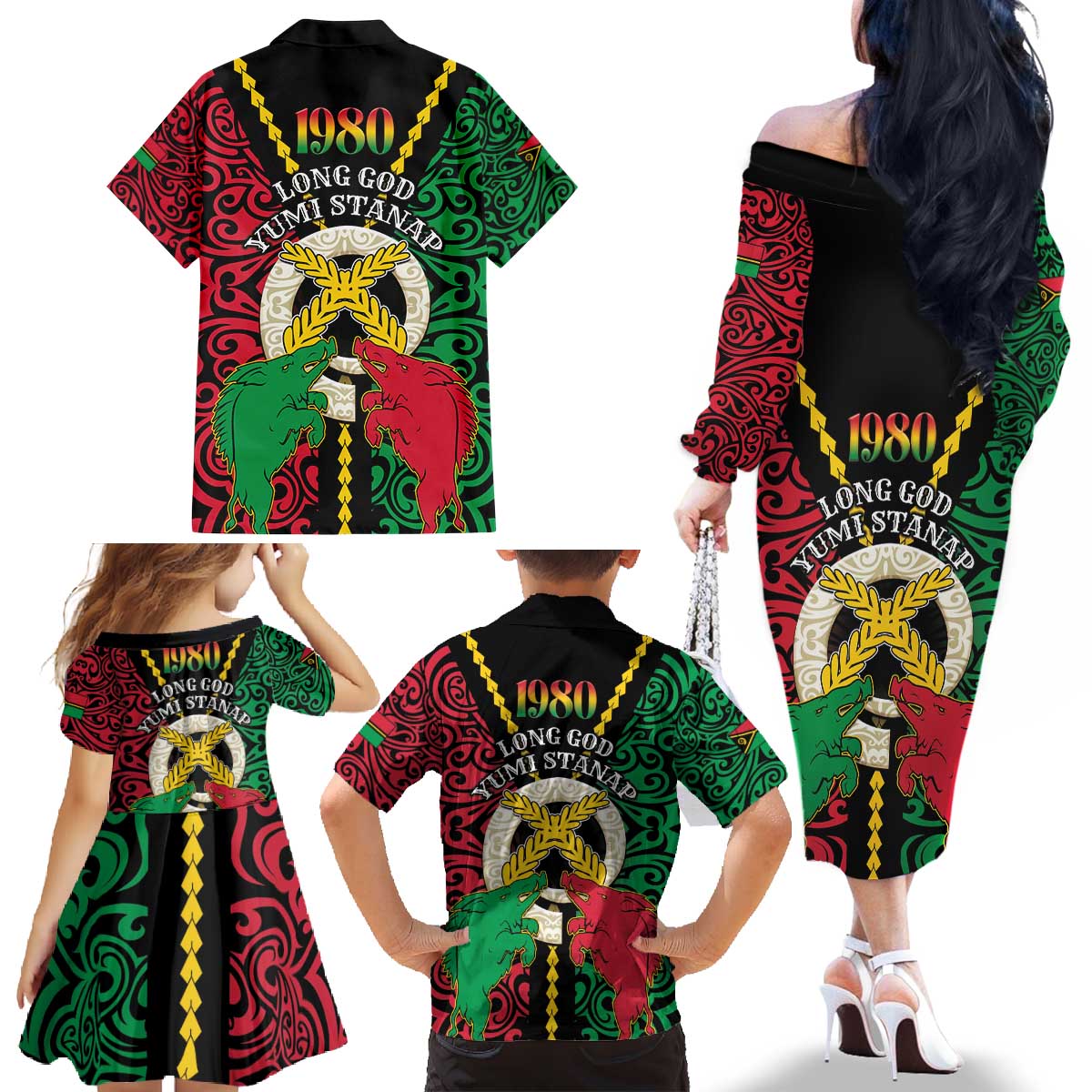 Vanuatu 45th Independence Day Family Matching Off The Shoulder Long Sleeve Dress and Hawaiian Shirt Long God Yumi Stanap Wild Boar LT05 - Polynesian Pride