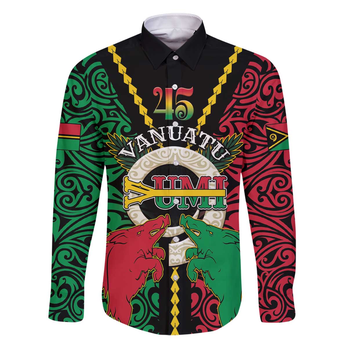 Vanuatu 45th Independence Day Family Matching Off The Shoulder Long Sleeve Dress and Hawaiian Shirt Long God Yumi Stanap Wild Boar LT05 Dad's Shirt - Long Sleeve Black - Polynesian Pride
