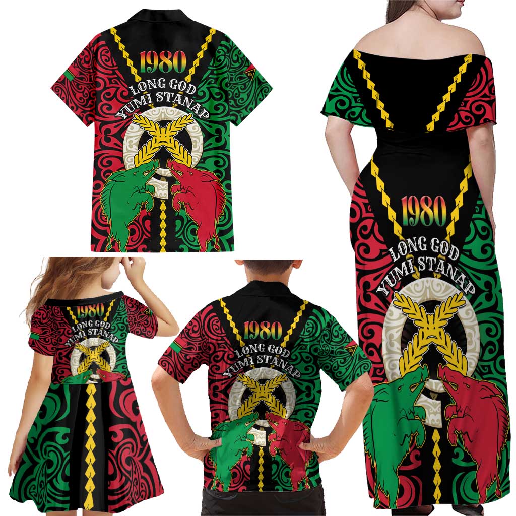 Vanuatu 45th Independence Day Family Matching Off Shoulder Maxi Dress and Hawaiian Shirt Long God Yumi Stanap Wild Boar LT05