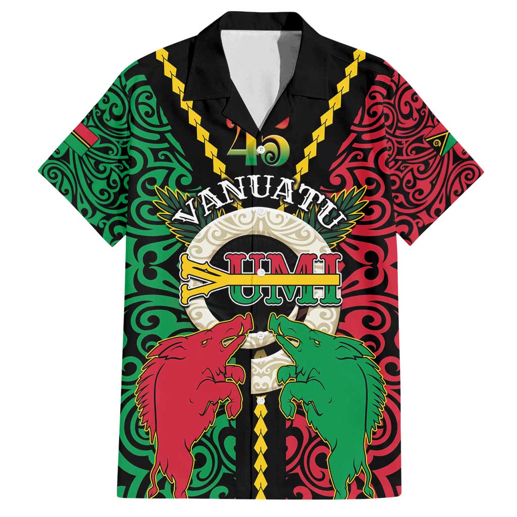 Vanuatu 45th Independence Day Family Matching Off Shoulder Short Dress and Hawaiian Shirt Long God Yumi Stanap Wild Boar LT05 Dad's Shirt - Short Sleeve Black - Polynesian Pride