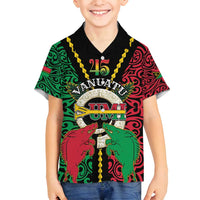Vanuatu 45th Independence Day Family Matching Off Shoulder Short Dress and Hawaiian Shirt Long God Yumi Stanap Wild Boar LT05 Son's Shirt Black - Polynesian Pride