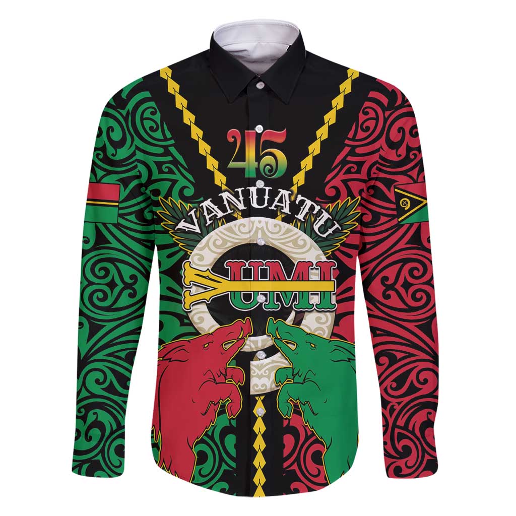 Vanuatu 45th Independence Day Family Matching Tank Maxi Dress and Hawaiian Shirt Long God Yumi Stanap Wild Boar LT05 Dad's Shirt - Long Sleeve Black - Polynesian Pride