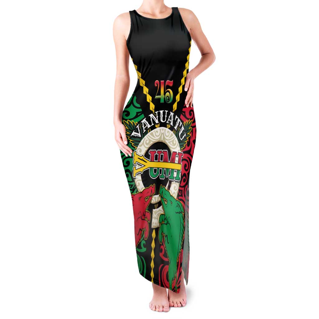 Vanuatu 45th Independence Day Family Matching Tank Maxi Dress and Hawaiian Shirt Long God Yumi Stanap Wild Boar LT05 Mom's Dress Black - Polynesian Pride
