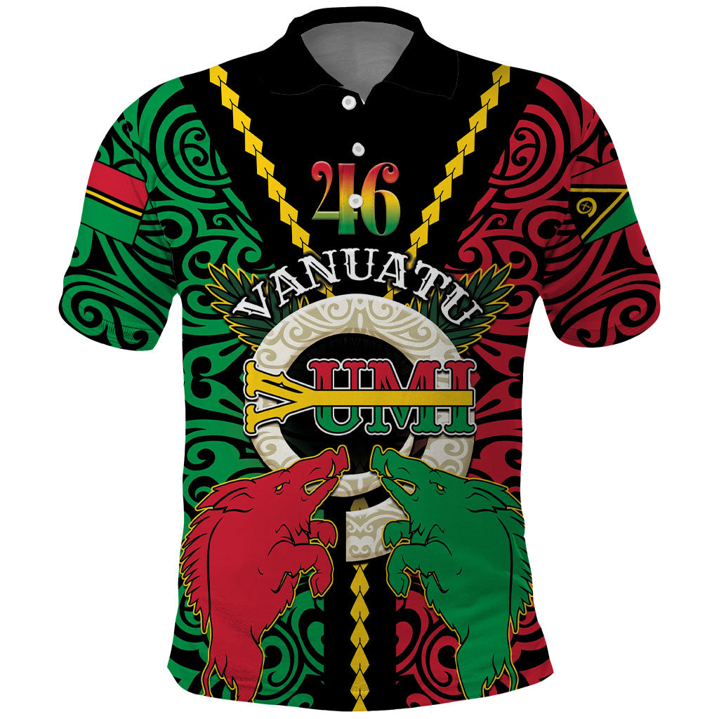 Vanuatu 46th Independence Day Polo Shirt Long God Yumi Stanap Wild Boar LT05 Black - Polynesian Pride
