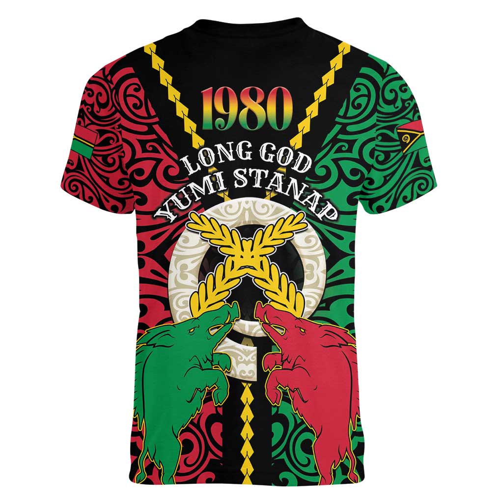 Vanuatu 45th Independence Day Women V-Neck T-Shirt Long God Yumi Stanap Wild Boar LT05