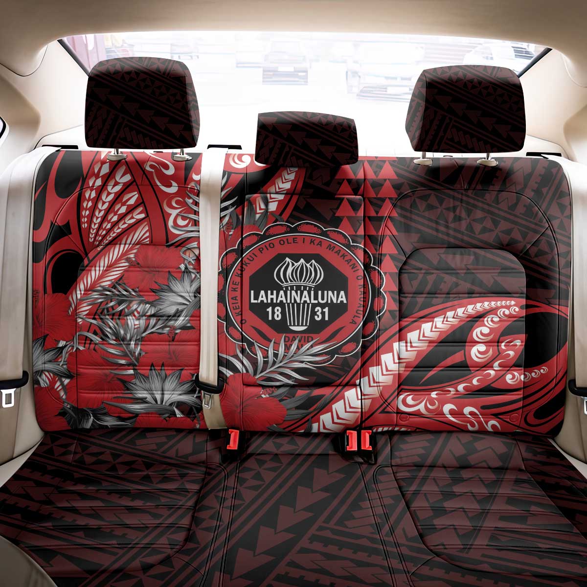 Hawaii Lahainaluna High School Back Car Seat Cover Tribal Tattoo With Hibiscus Flowers