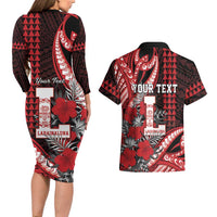 Personalized Hawaii Lahainaluna High School Couples Matching Long Sleeve Bodycon Dress and Hawaiian Shirt Tribal Tattoo With Hibiscus Flowers LT05 - Polynesian Pride