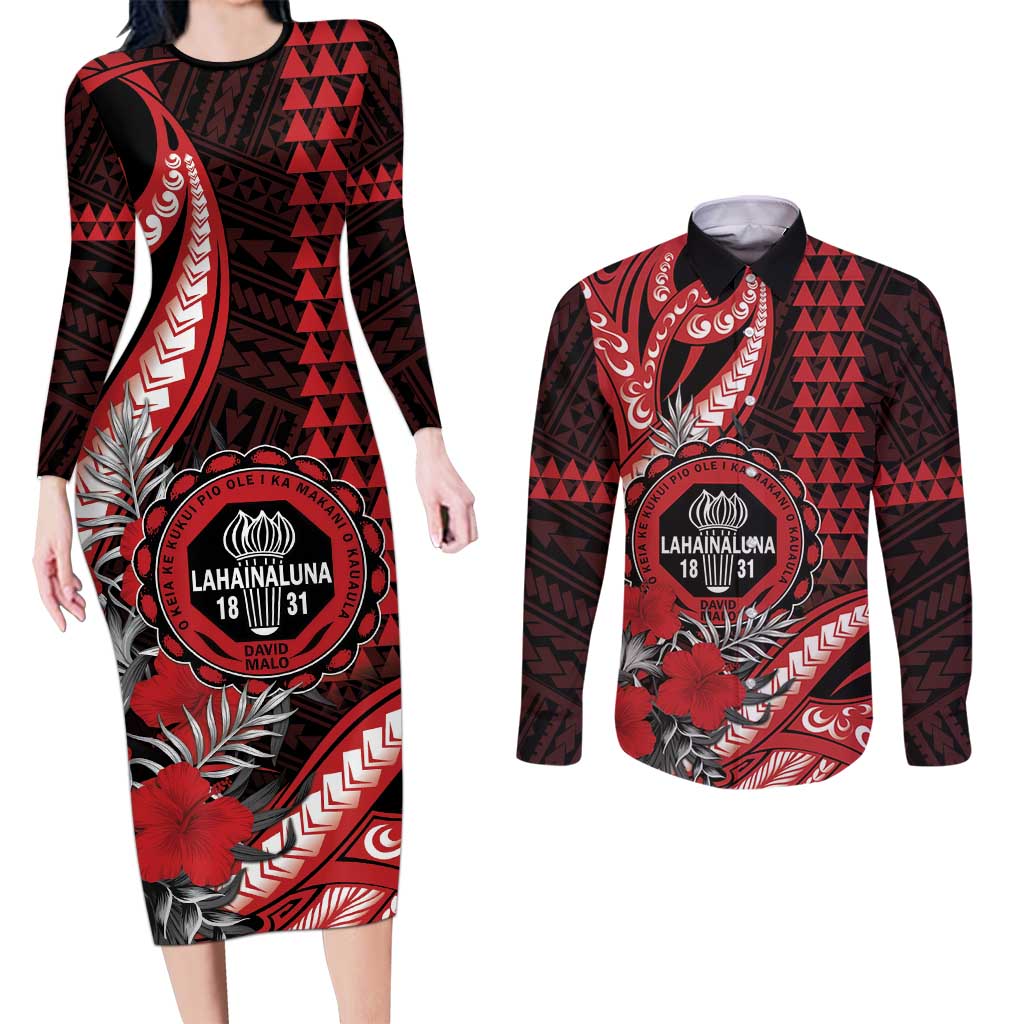 Personalized Hawaii Lahainaluna High School Couples Matching Long Sleeve Bodycon Dress and Long Sleeve Button Shirt Tribal Tattoo With Hibiscus Flowers LT05 Red - Polynesian Pride