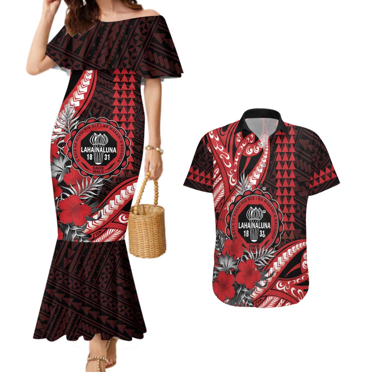 Personalized Hawaii Lahainaluna High School Couples Matching Mermaid Dress and Hawaiian Shirt Tribal Tattoo With Hibiscus Flowers LT05 Red - Polynesian Pride