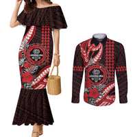 Personalized Hawaii Lahainaluna High School Couples Matching Mermaid Dress and Long Sleeve Button Shirt Tribal Tattoo With Hibiscus Flowers LT05 Red - Polynesian Pride