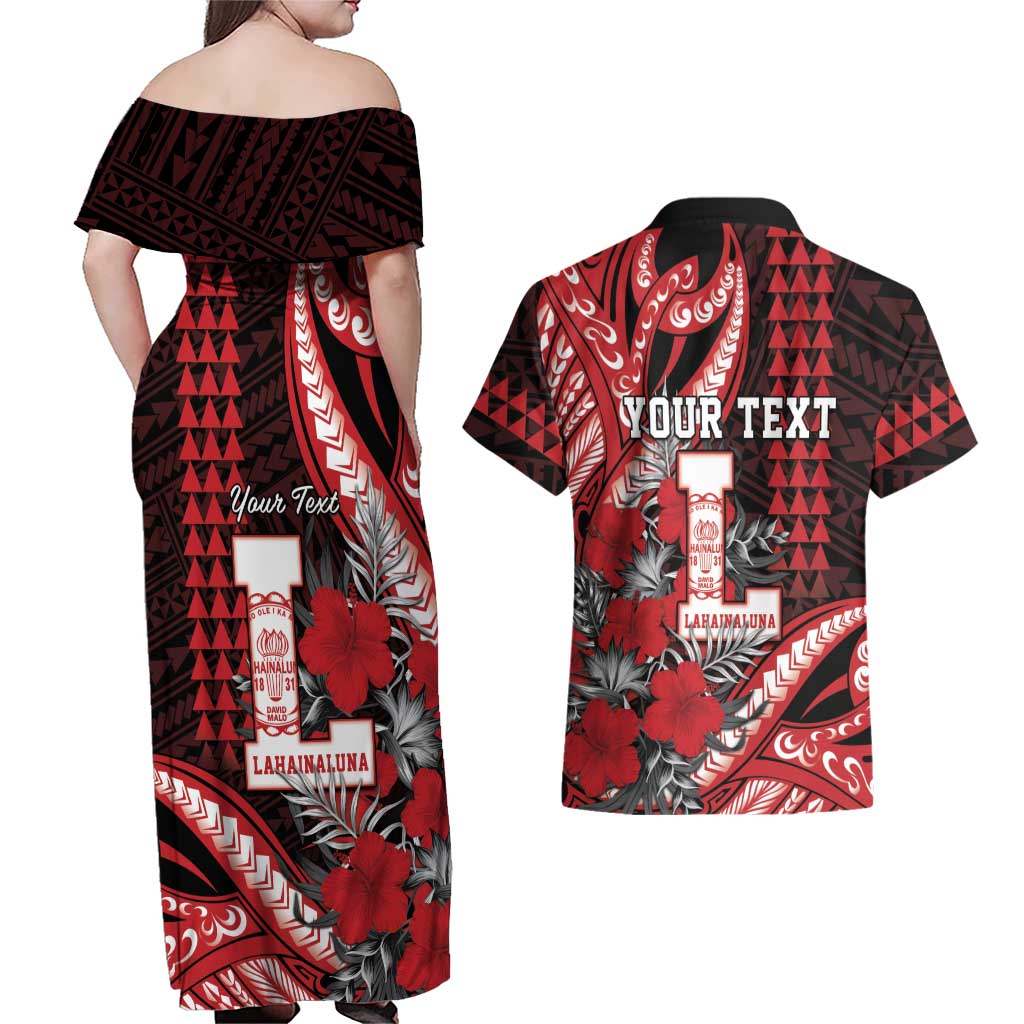 Personalized Hawaii Lahainaluna High School Couples Matching Off Shoulder Maxi Dress and Hawaiian Shirt Tribal Tattoo With Hibiscus Flowers LT05 - Polynesian Pride