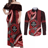 Personalized Hawaii Lahainaluna High School Couples Matching Off Shoulder Maxi Dress and Long Sleeve Button Shirt Tribal Tattoo With Hibiscus Flowers