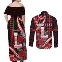 Personalized Hawaii Lahainaluna High School Couples Matching Off Shoulder Maxi Dress and Long Sleeve Button Shirt Tribal Tattoo With Hibiscus Flowers