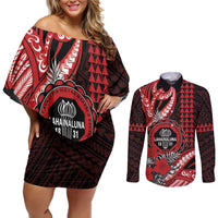 Personalized Hawaii Lahainaluna High School Couples Matching Off Shoulder Short Dress and Long Sleeve Button Shirt Tribal Tattoo With Hibiscus Flowers LT05 Red - Polynesian Pride