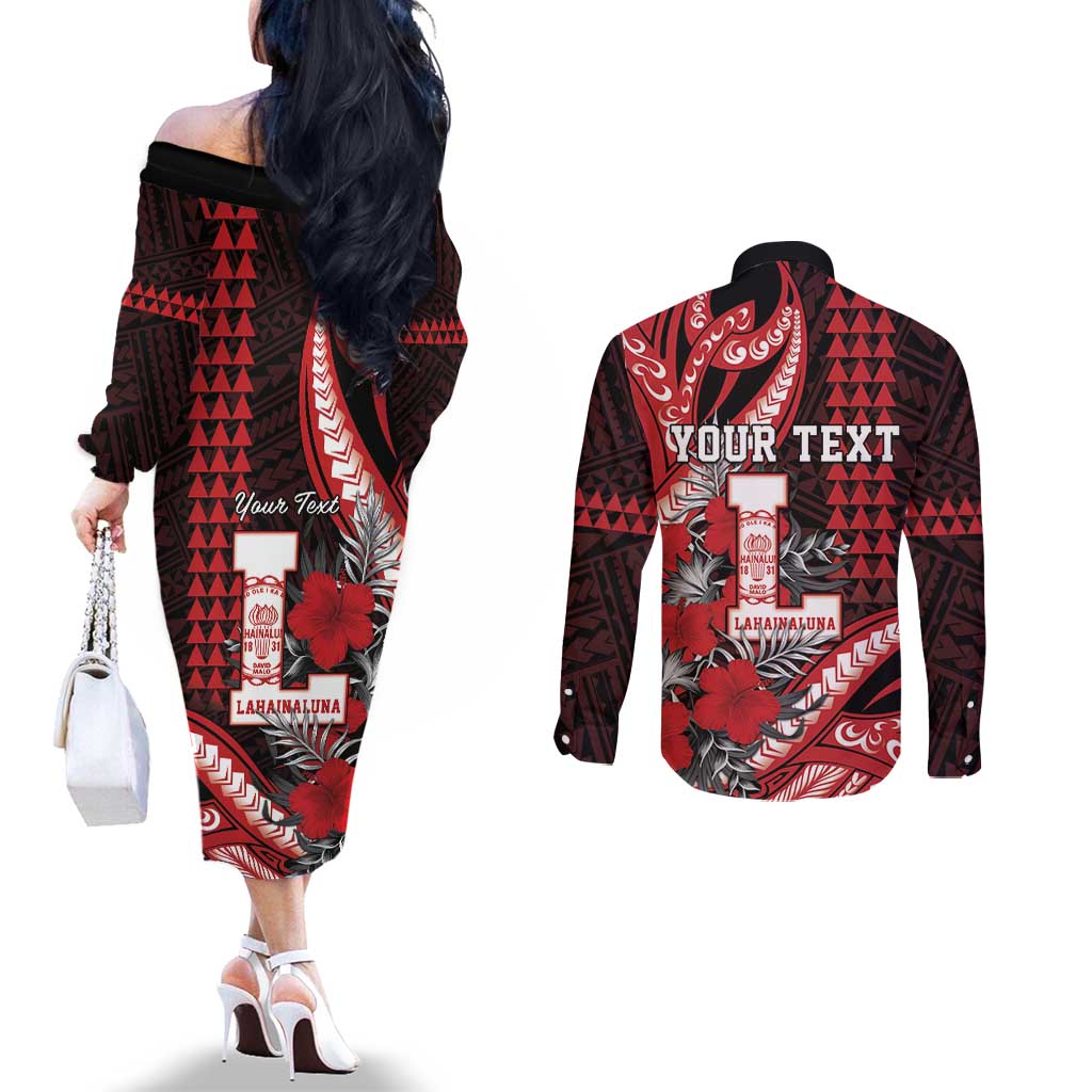 Personalized Hawaii Lahainaluna High School Couples Matching Off The Shoulder Long Sleeve Dress and Long Sleeve Button Shirt Tribal Tattoo With Hibiscus Flowers LT05 - Polynesian Pride