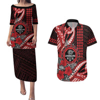 Personalized Hawaii Lahainaluna High School Couples Matching Puletasi and Hawaiian Shirt Tribal Tattoo With Hibiscus Flowers LT05 Red - Polynesian Pride