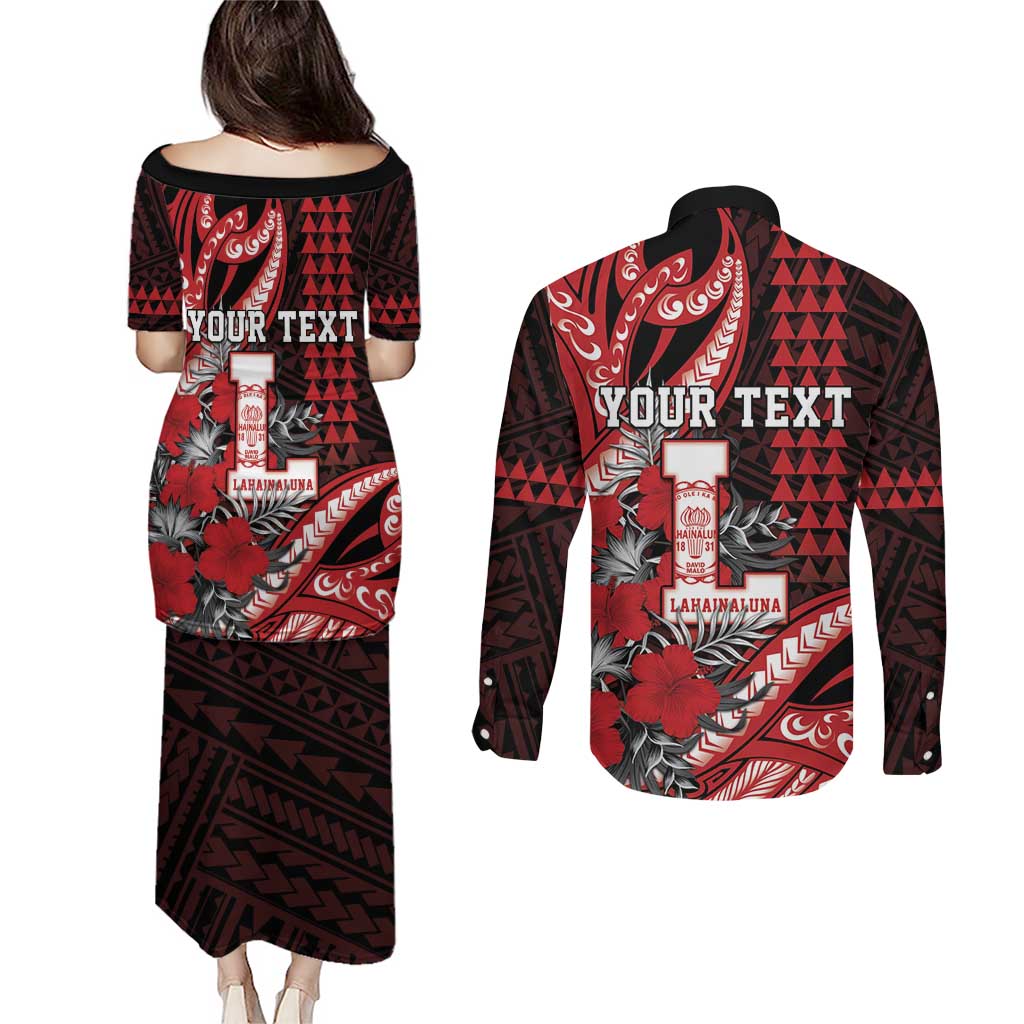 Personalized Hawaii Lahainaluna High School Couples Matching Puletasi and Long Sleeve Button Shirt Tribal Tattoo With Hibiscus Flowers