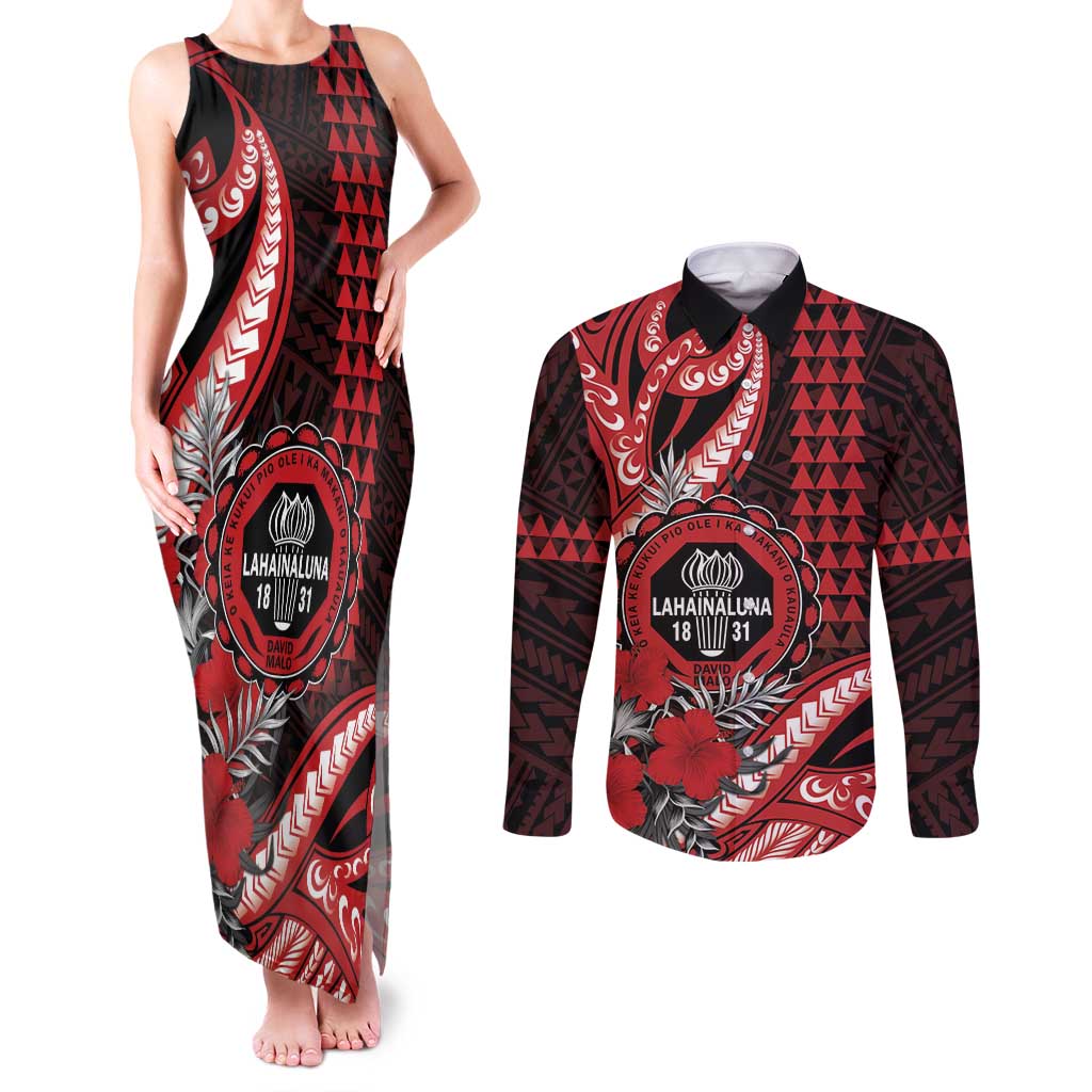 Personalized Hawaii Lahainaluna High School Couples Matching Tank Maxi Dress and Long Sleeve Button Shirt Tribal Tattoo With Hibiscus Flowers LT05 Red - Polynesian Pride