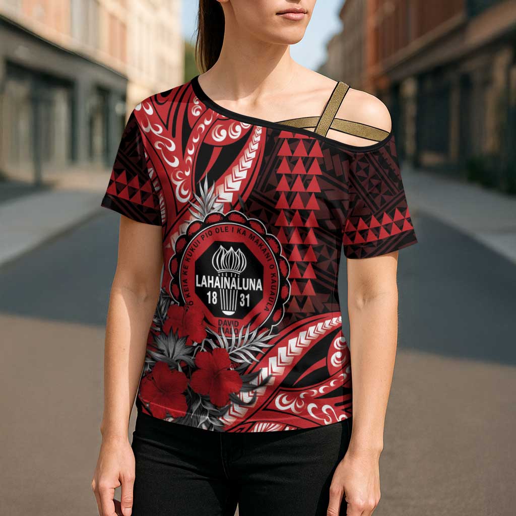 Personalized Hawaii Lahainaluna High School Cross Shoulder Shirt Tribal Tattoo With Hibiscus Flowers