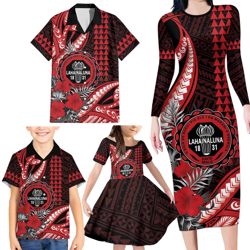 Personalized Hawaii Lahainaluna High School Family Matching Long Sleeve Bodycon Dress and Hawaiian Shirt Tribal Tattoo With Hibiscus Flowers LT05 - Polynesian Pride