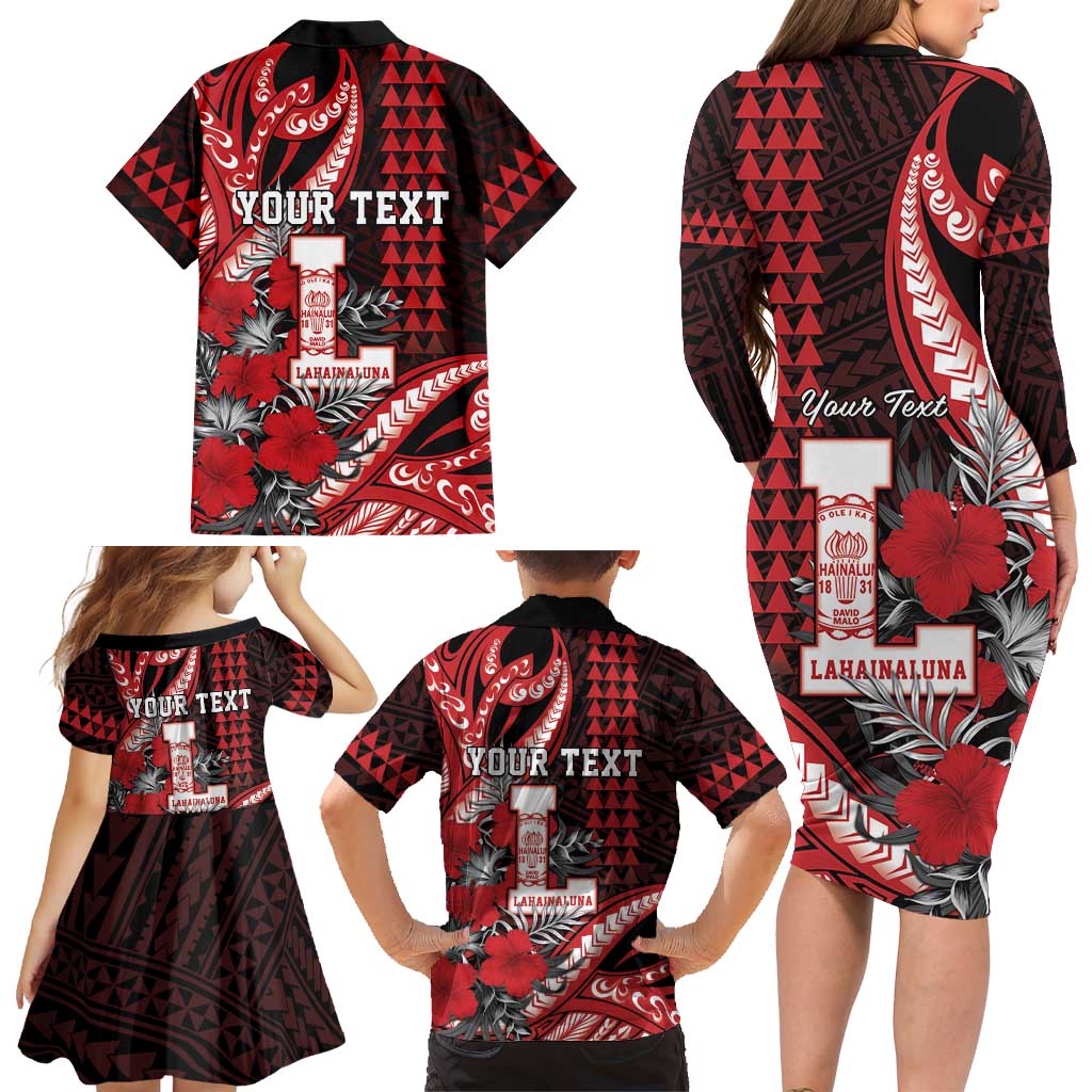 Personalized Hawaii Lahainaluna High School Family Matching Long Sleeve Bodycon Dress and Hawaiian Shirt Tribal Tattoo With Hibiscus Flowers LT05 - Polynesian Pride