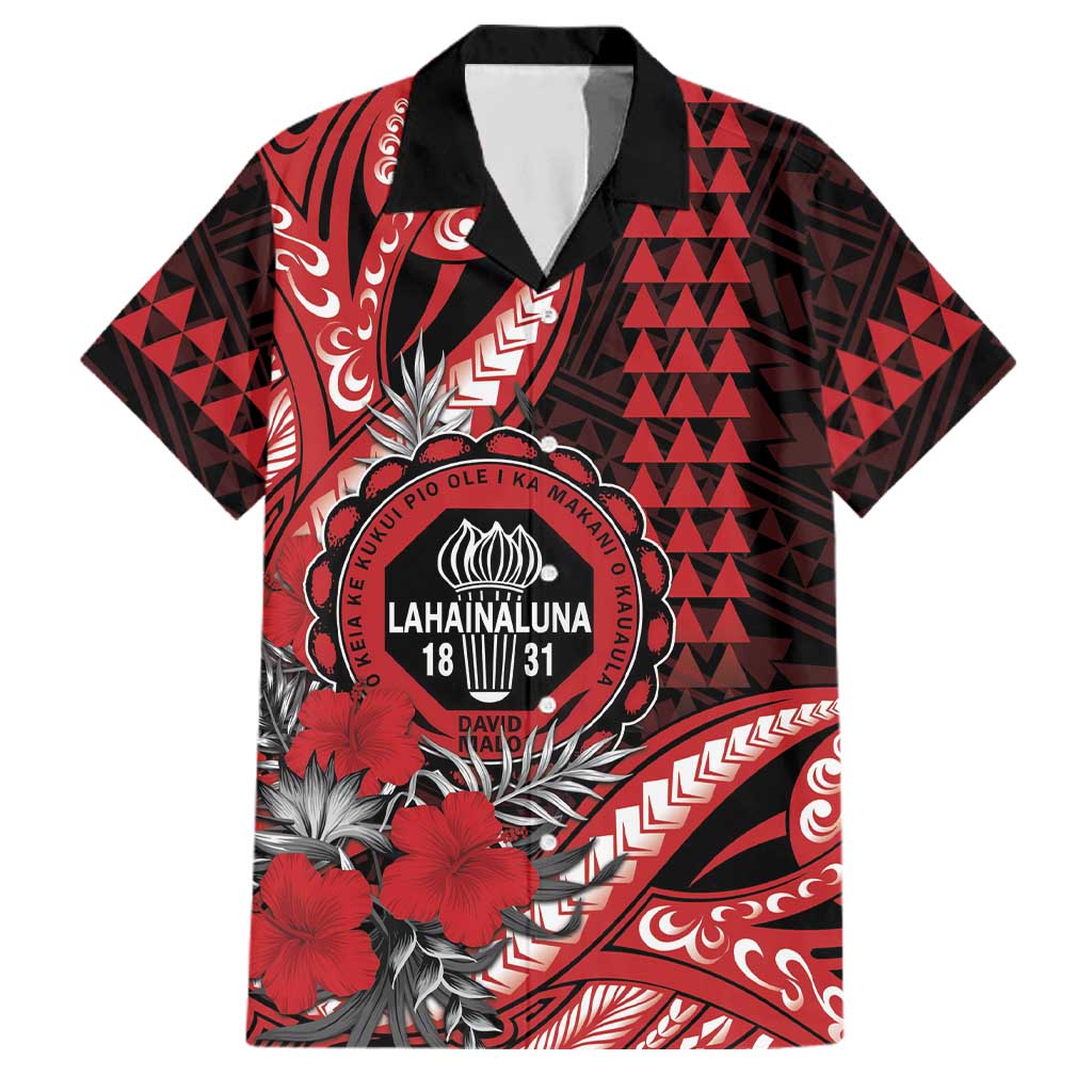 Personalized Hawaii Lahainaluna High School Family Matching Long Sleeve Bodycon Dress and Hawaiian Shirt Tribal Tattoo With Hibiscus Flowers LT05 Dad's Shirt - Short Sleeve Red - Polynesian Pride