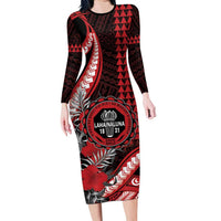 Personalized Hawaii Lahainaluna High School Family Matching Long Sleeve Bodycon Dress and Hawaiian Shirt Tribal Tattoo With Hibiscus Flowers LT05 Mom's Dress Red - Polynesian Pride