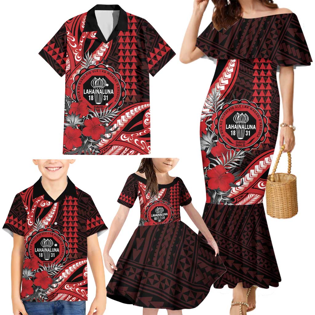 Personalized Hawaii Lahainaluna High School Family Matching Mermaid Dress and Hawaiian Shirt Tribal Tattoo With Hibiscus Flowers