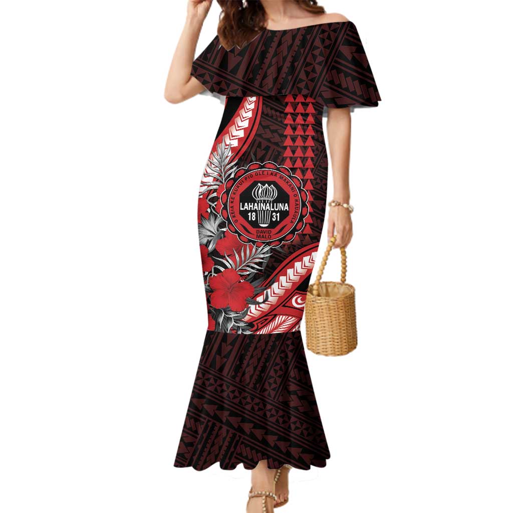 Personalized Hawaii Lahainaluna High School Family Matching Mermaid Dress and Hawaiian Shirt Tribal Tattoo With Hibiscus Flowers LT05 Mom's Dress Red - Polynesian Pride