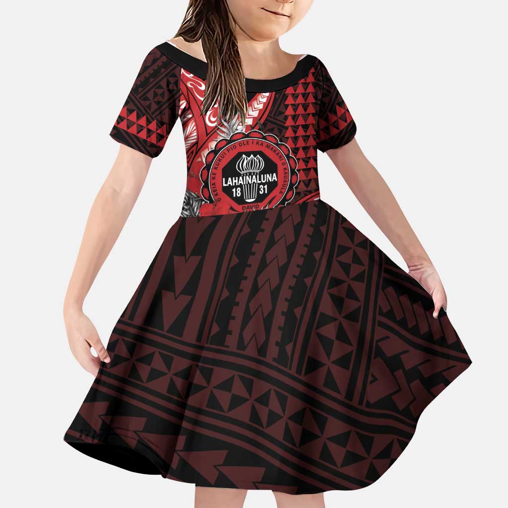 Personalized Hawaii Lahainaluna High School Family Matching Off The Shoulder Long Sleeve Dress and Hawaiian Shirt Tribal Tattoo With Hibiscus Flowers LT05 Daughter's Dress Red - Polynesian Pride