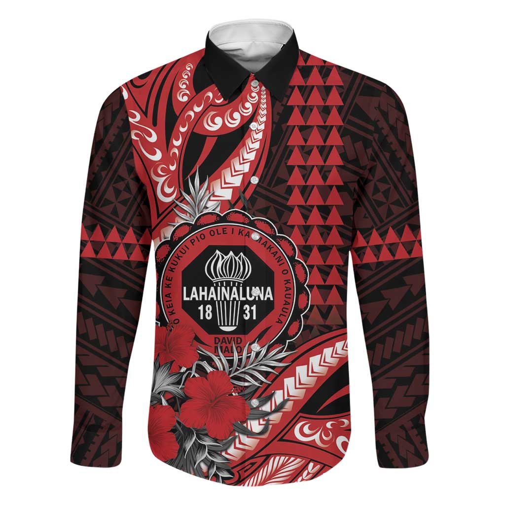 Personalized Hawaii Lahainaluna High School Family Matching Off The Shoulder Long Sleeve Dress and Hawaiian Shirt Tribal Tattoo With Hibiscus Flowers LT05 Dad's Shirt - Long Sleeve Red - Polynesian Pride