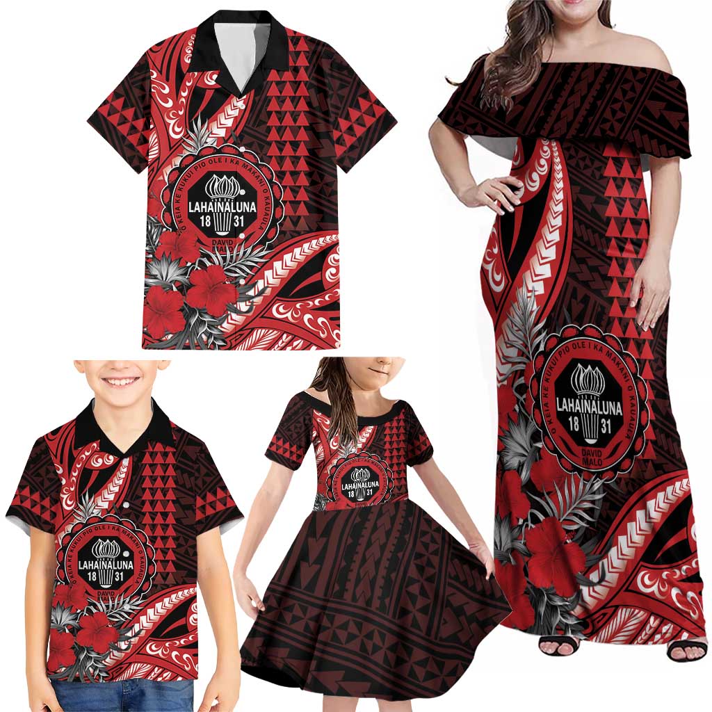 Personalized Hawaii Lahainaluna High School Family Matching Off Shoulder Maxi Dress and Hawaiian Shirt Tribal Tattoo With Hibiscus Flowers