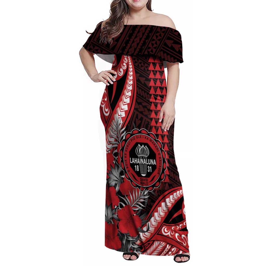Personalized Hawaii Lahainaluna High School Family Matching Off Shoulder Maxi Dress and Hawaiian Shirt Tribal Tattoo With Hibiscus Flowers LT05 Mom's Dress Red - Polynesian Pride