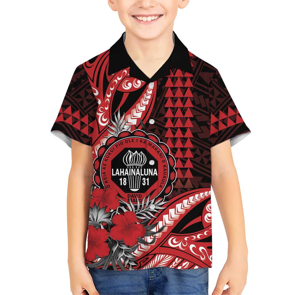 Personalized Hawaii Lahainaluna High School Family Matching Off Shoulder Short Dress and Hawaiian Shirt Tribal Tattoo With Hibiscus Flowers LT05 Son's Shirt Red - Polynesian Pride