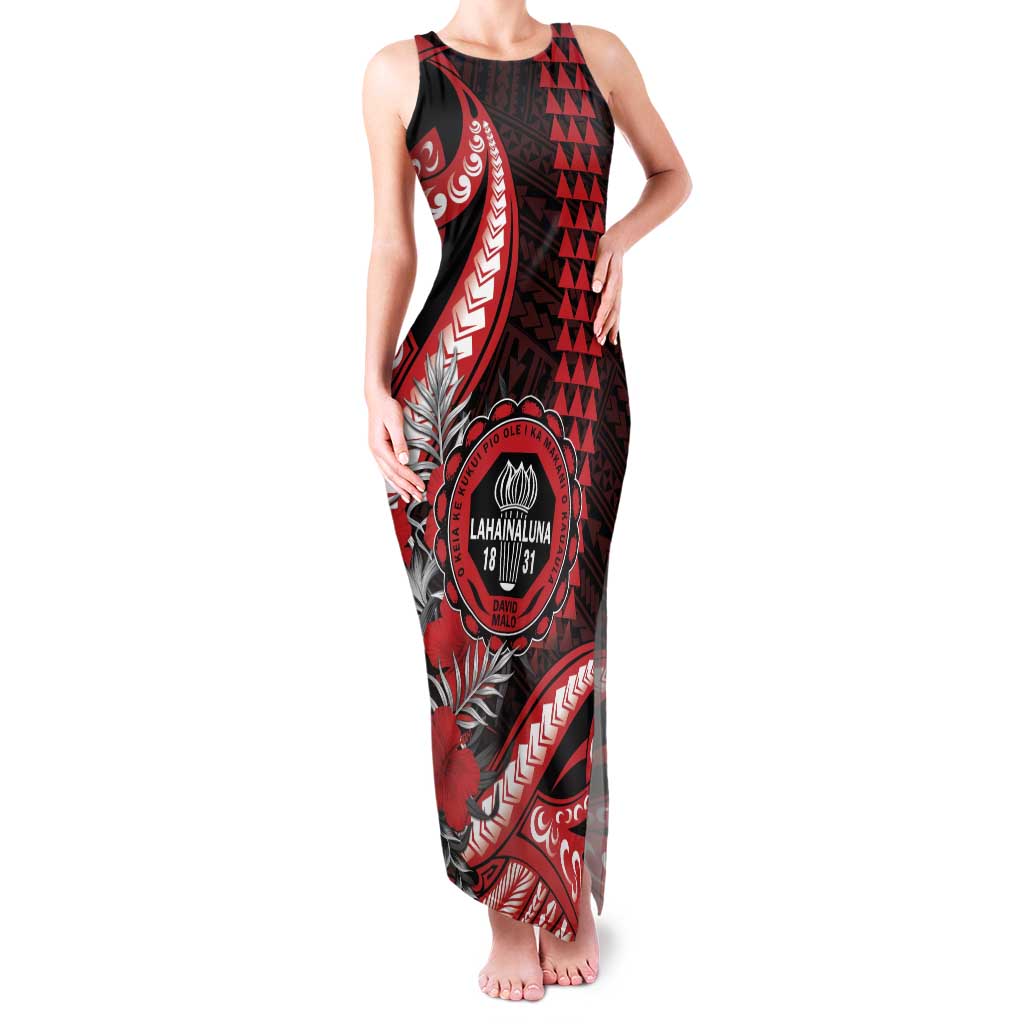 Personalized Hawaii Lahainaluna High School Family Matching Tank Maxi Dress and Hawaiian Shirt Tribal Tattoo With Hibiscus Flowers LT05 Mom's Dress Red - Polynesian Pride