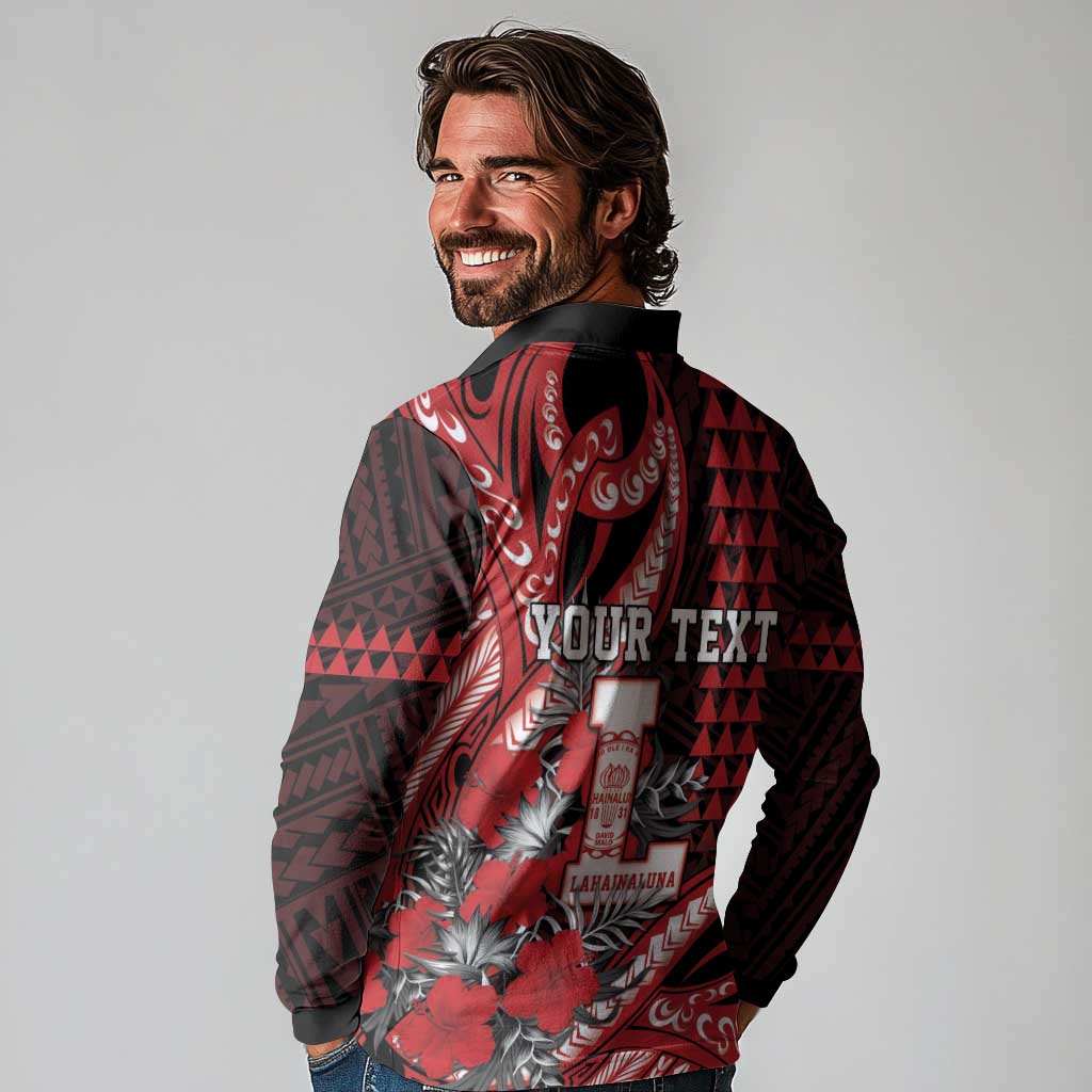 Personalized Hawaii Lahainaluna High School Long Sleeve Polo Shirt Tribal Tattoo With Hibiscus Flowers