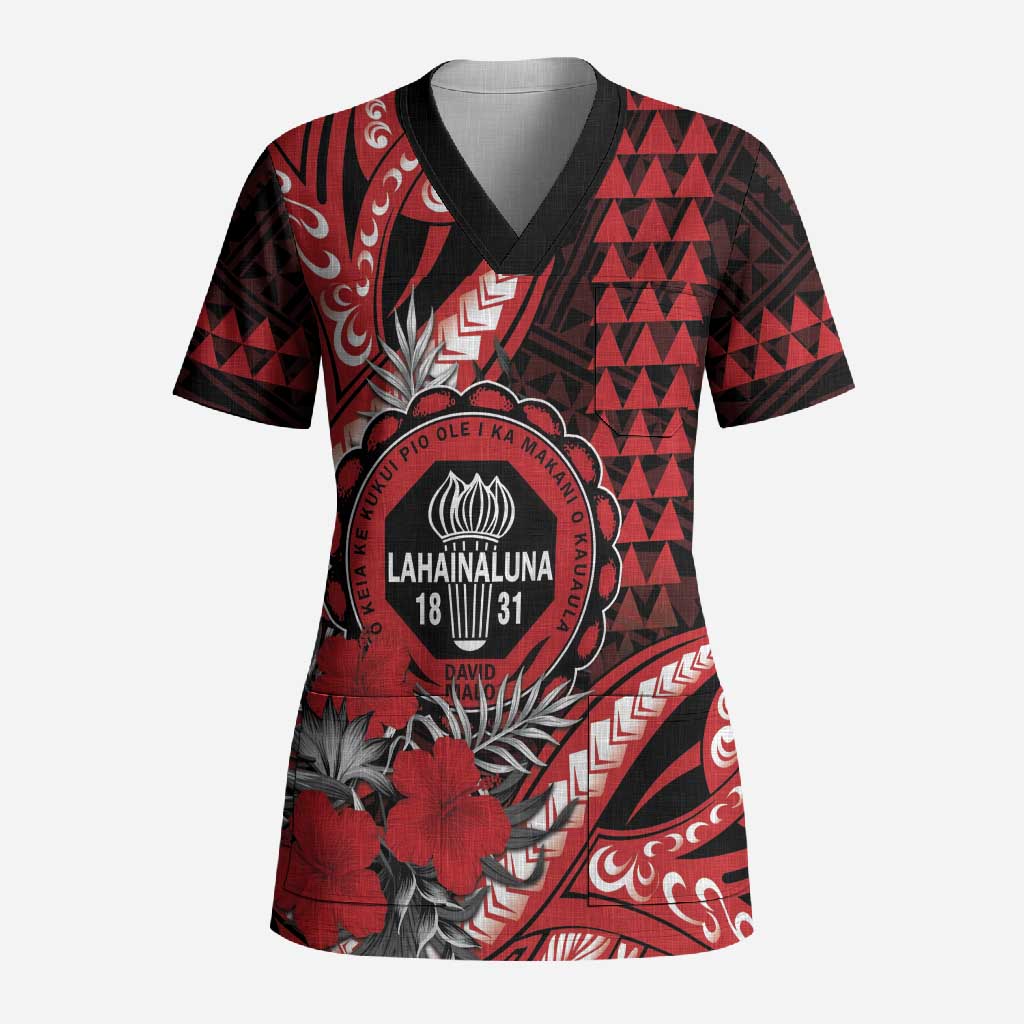 Personalized Hawaii Lahainaluna High School Scrub Top Tribal Tattoo With Hibiscus Flowers