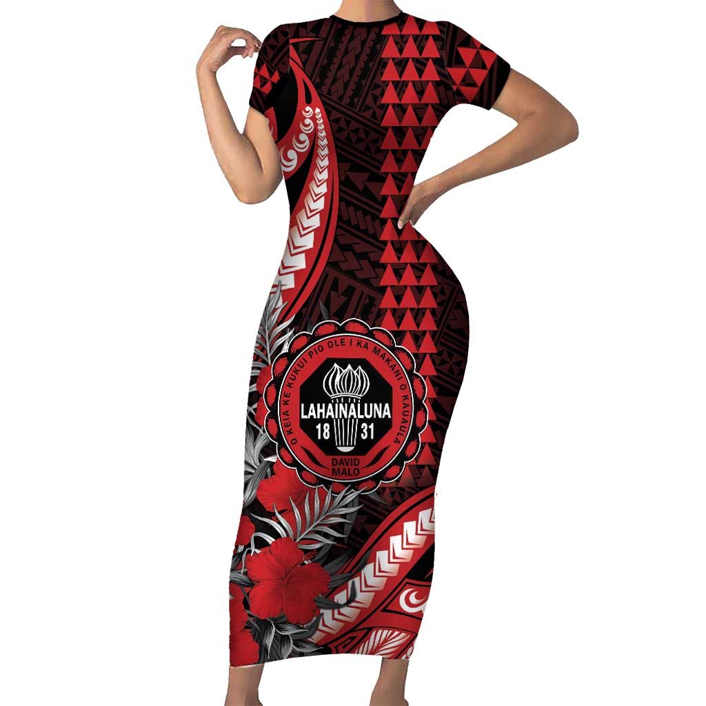 Personalized Hawaii Lahainaluna High School Short Sleeve Bodycon Dress Tribal Tattoo With Hibiscus Flowers