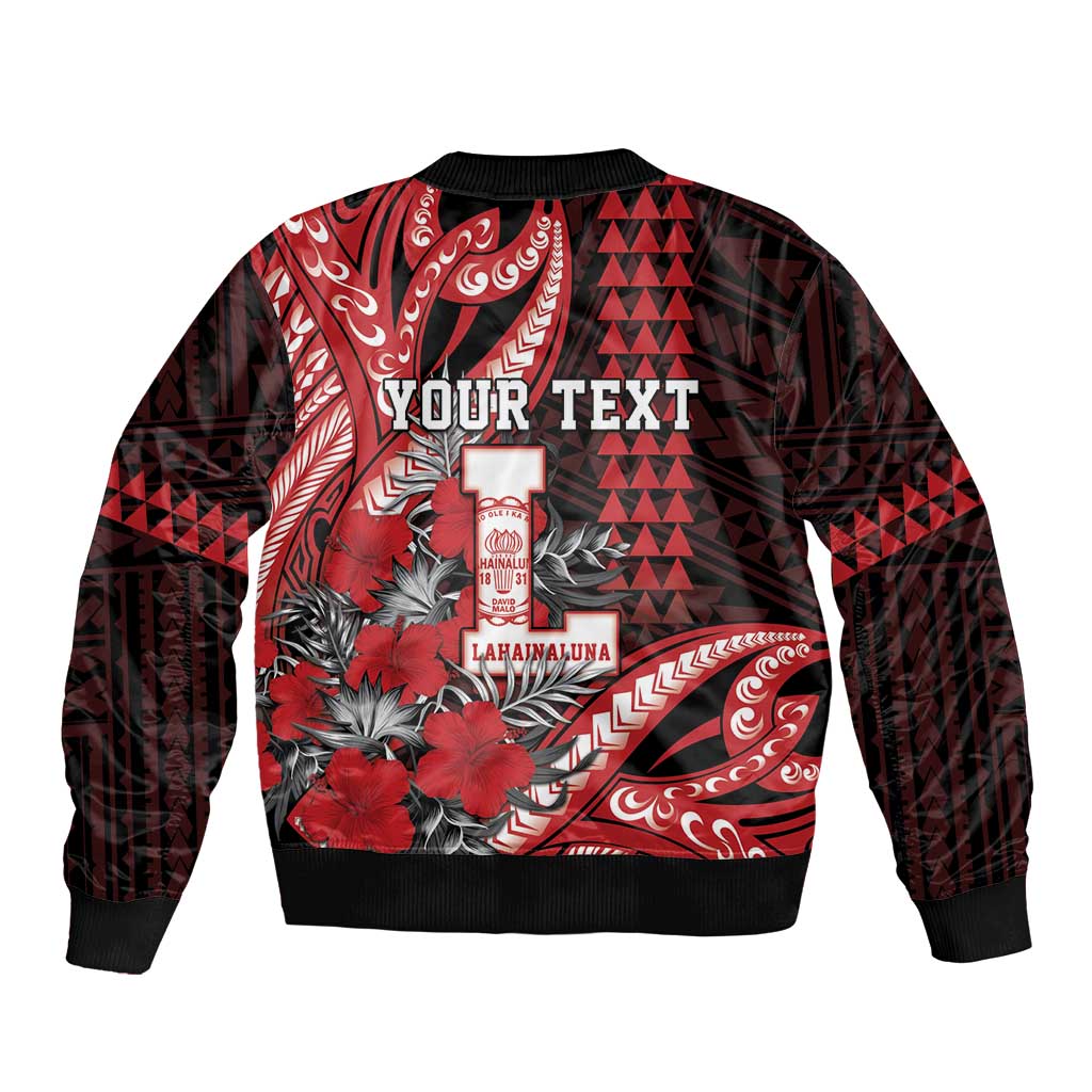 Personalized Hawaii Lahainaluna High School Sleeve Zip Bomber Jacket Tribal Tattoo With Hibiscus Flowers