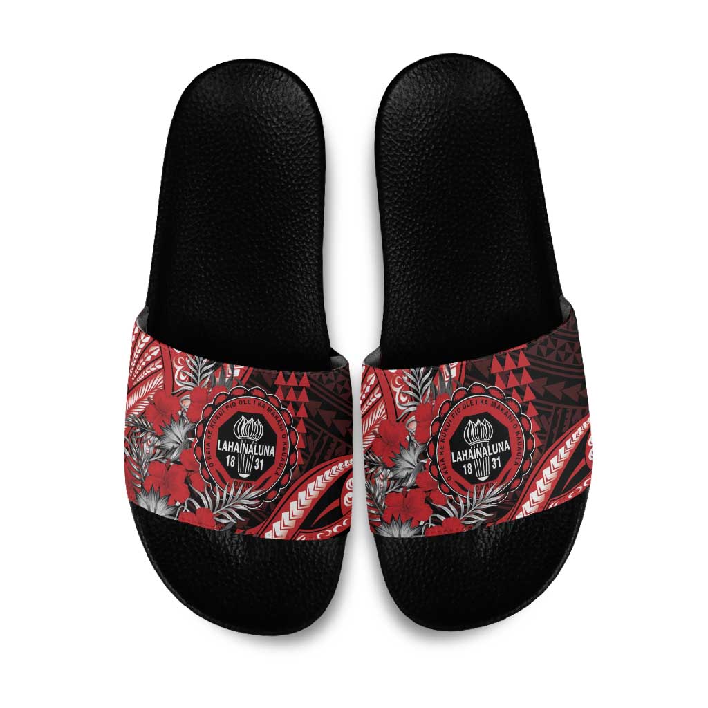 Hawaii Lahainaluna High School Slide Sandals Tribal Tattoo With Hibiscus Flowers