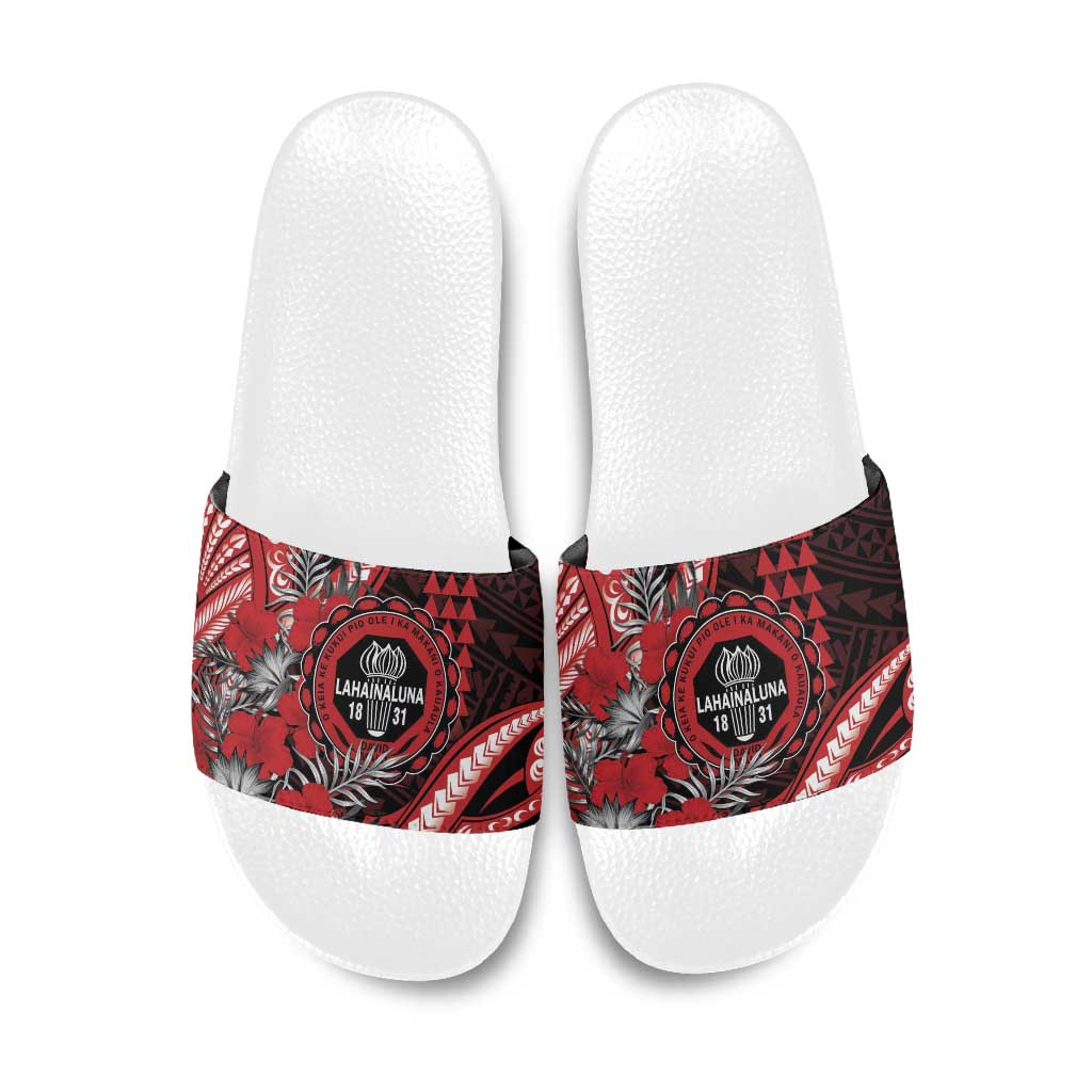 Hawaii Lahainaluna High School Slide Sandals Tribal Tattoo With Hibiscus Flowers