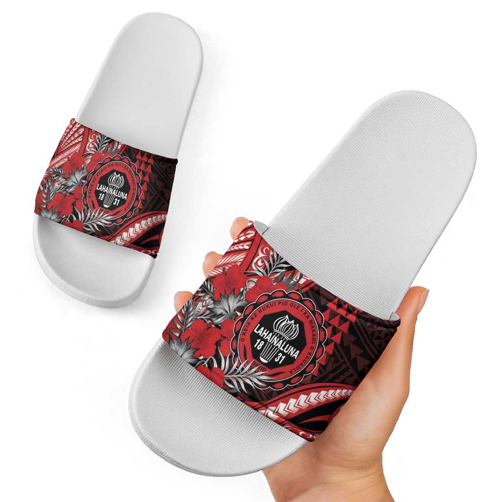 Hawaii Lahainaluna High School Slide Sandals Tribal Tattoo With Hibiscus Flowers